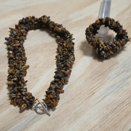 Brown Tigers Eye Stone Beaded Necklace and Bracelet Set