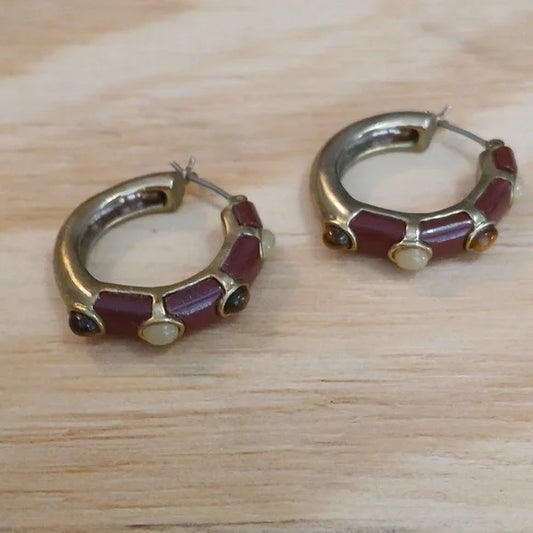 Retro Gold and Red Hoop Earrings Vintage