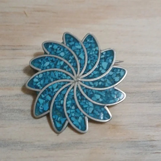 Blue Mosaic Flower Brooch Handmade In ALPACA, MEXICO