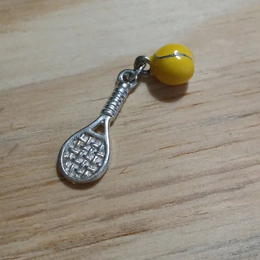 Silver Tennis Racket Charm with Yellow Enamel Tennis Ball
