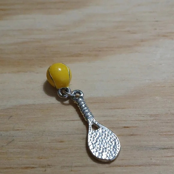Silver Tennis Racket Charm with Yellow Enamel Tennis Ball