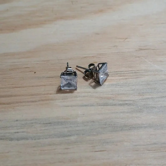 Vintage Square Artisan Sterling Silver Earrings Modernist Faceted Studs