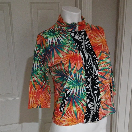 Vibrant Tropical Leaf Print Jacket Petite L