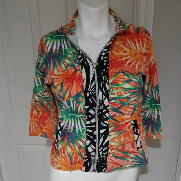 Vibrant Tropical Leaf Print Jacket Petite L