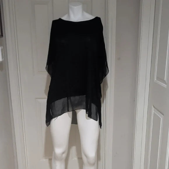 Elegant Black Sheer Edged Poncho Top L
