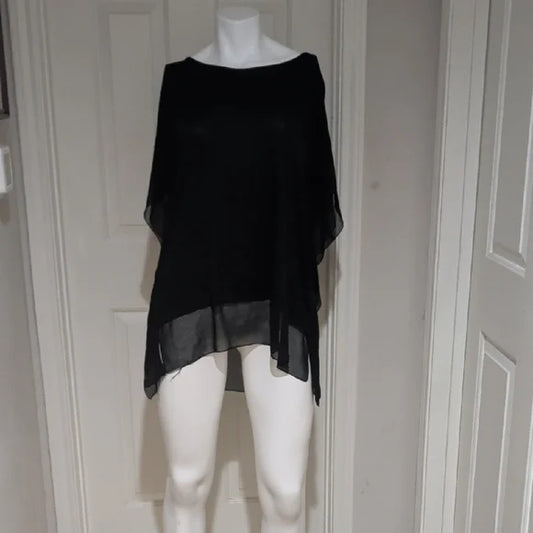Elegant Black Sheer Edged Poncho Top L