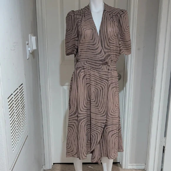 Vintage Chic Tan Patterned Midi Dress Women's Large