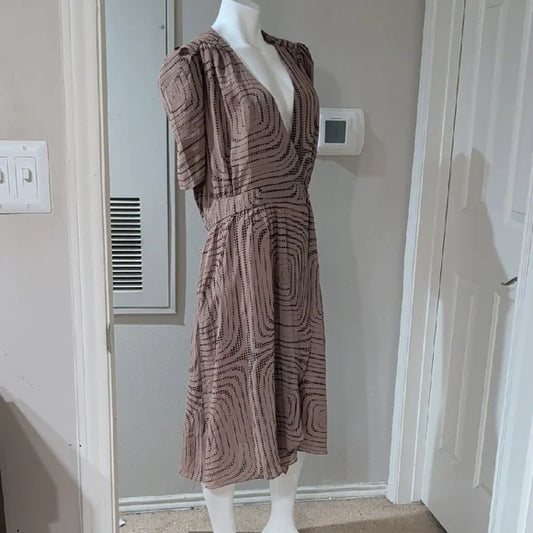 Vintage Chic Tan Patterned Midi Dress Women's Large