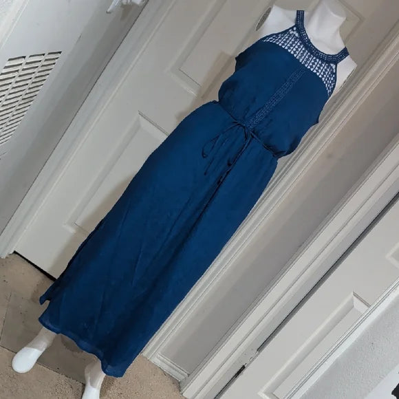 New York & Company Navy Crochet Yoke Halter Maxi Dress Women's Large