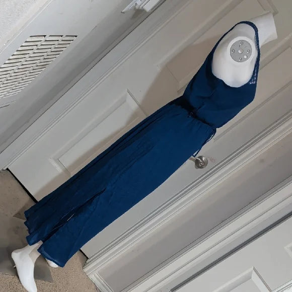 New York & Company Navy Crochet Yoke Halter Maxi Dress Women's Large