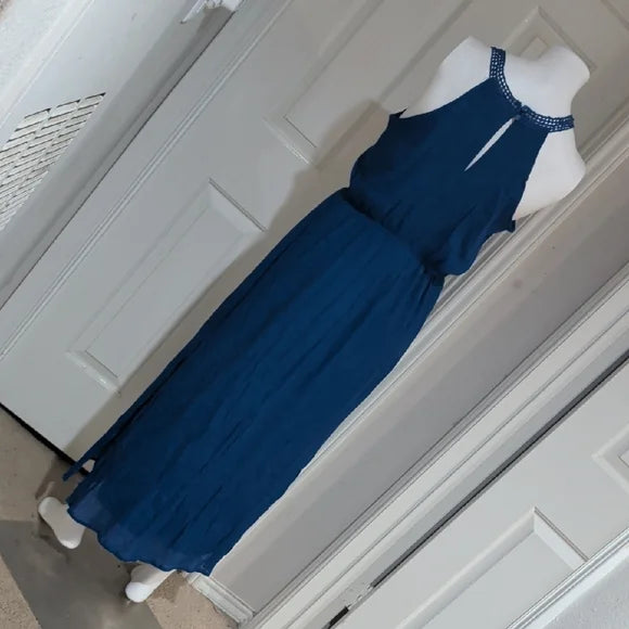 New York & Company Navy Crochet Yoke Halter Maxi Dress Women's Large
