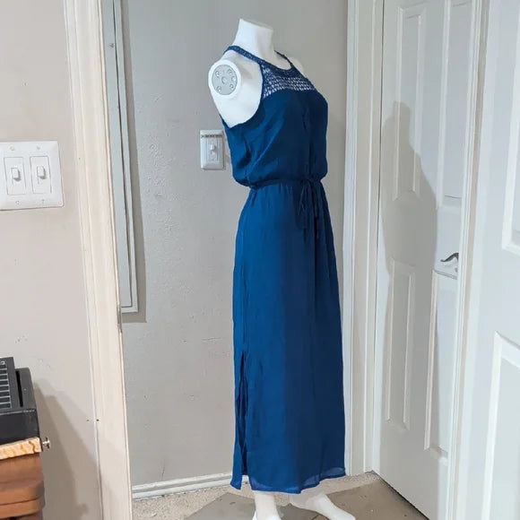 New York & Company Navy Crochet Yoke Halter Maxi Dress Women's Large