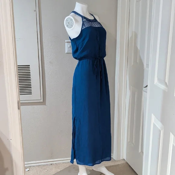 New York & Company Navy Crochet Yoke Halter Maxi Dress Women's Large