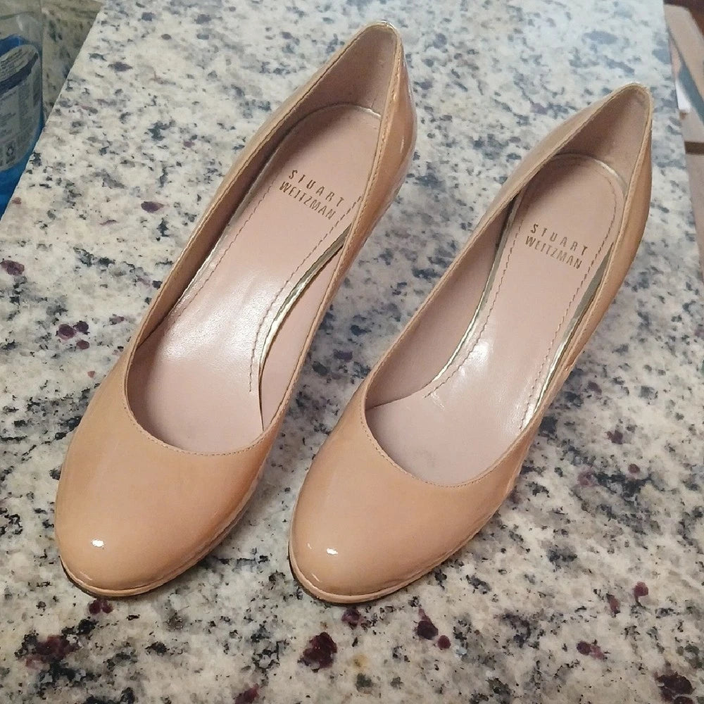 stuart weitzman pale pink leather heels with patent finish 6 Narrow
