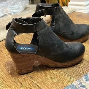 Natural Reflections Ancora Black Wedge Clog Ankle Boot size 7.5