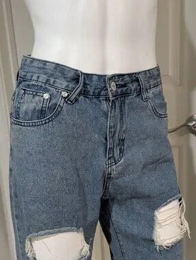 Unbranded Women's Straight Ripped Jeans in Washed Blue Small