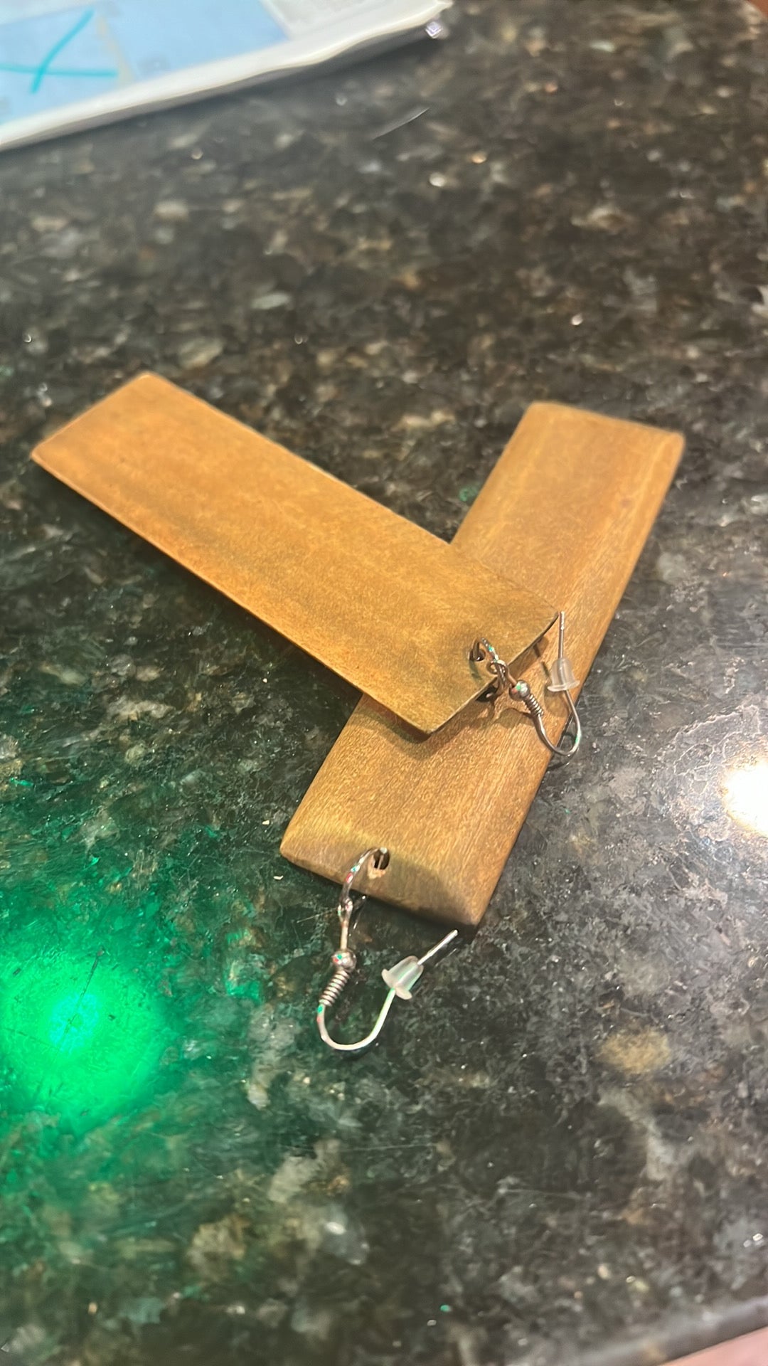 Vintage Long Rectangle Wooden Light Dangle Earrings